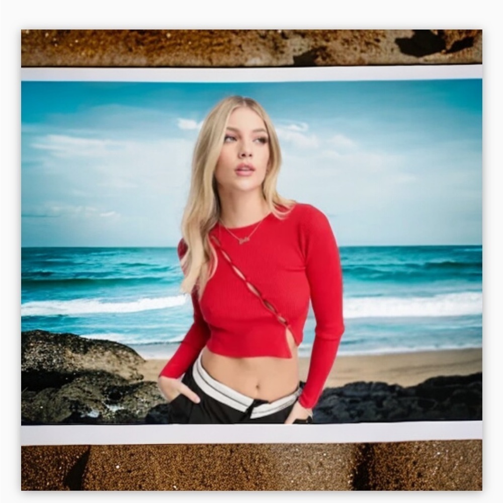 ASOS-Diagonal Lace-Up Long Sleeve Top-Seamless Ribbed Sz M-NWOT-Red-Garage-☀️❤️ - Picture 3 of 9